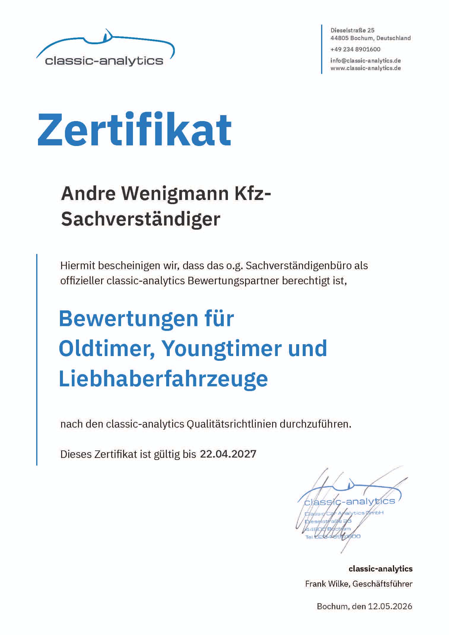 André Wenigmann - Mitgliedsurkunde - Classic Analytics